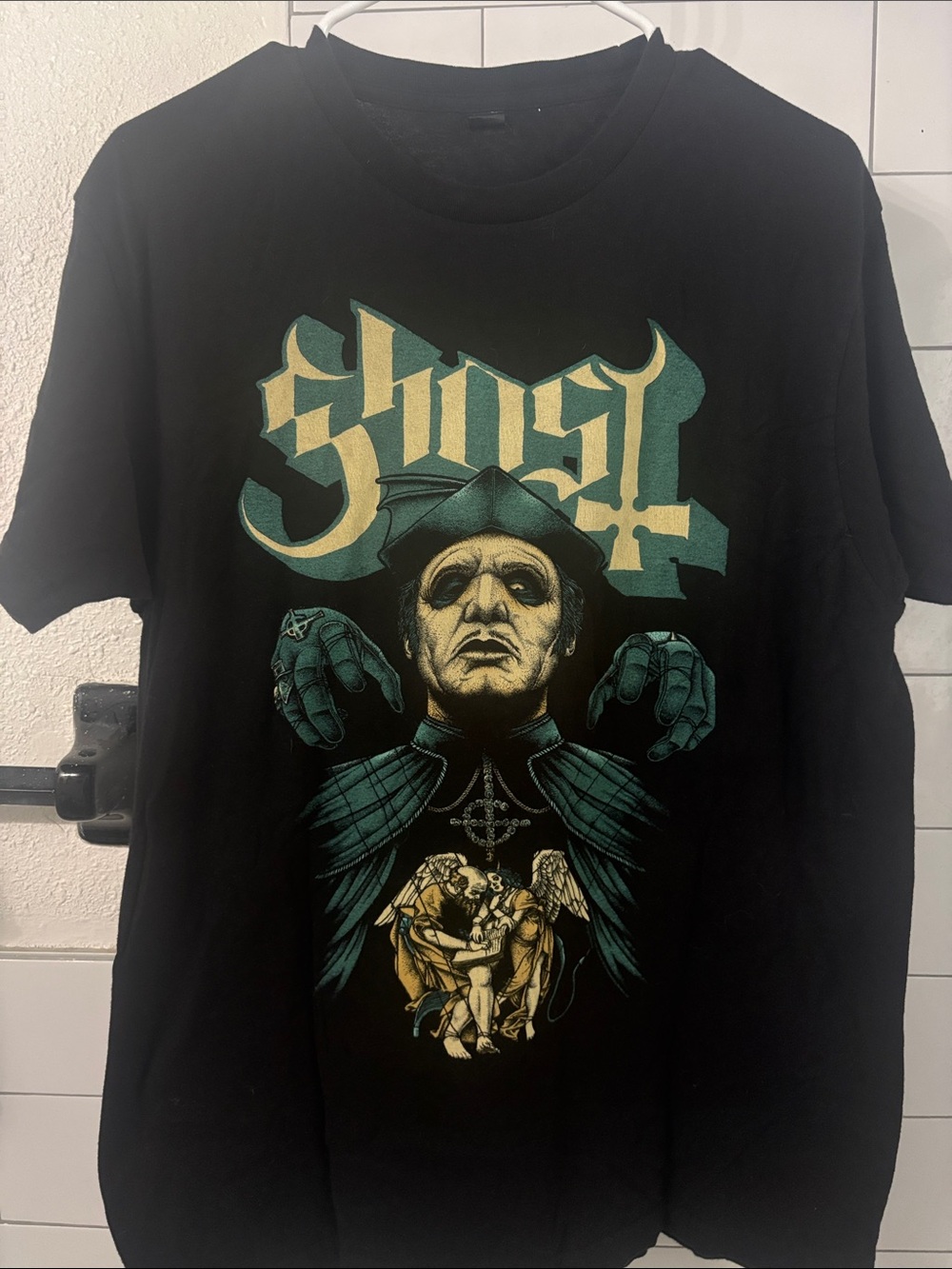 Tultex Black Graphic Ghost Band Tee with Teal & Gold Print